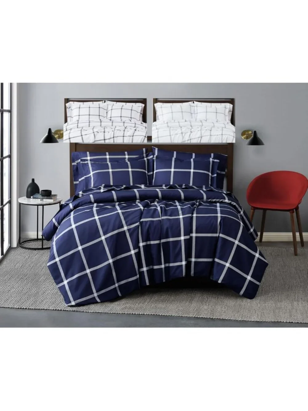 Geometric Printed White & Navy Shower Curtain - Soft Polyester, Oeko-TEX